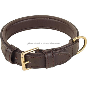 Collar de perro de cuero marrón acolchado doble de larga duración, resistente, cosido completo y ajustable, collar de perro de cuero genuino para mascotas - Product Image 4