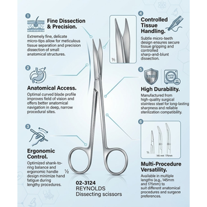 Tijeras de Disección Reynolds de 145 mm con Puntas Curvas Delicadas, Tijeras Quirúrgicas de Acero Inoxidable para Cirugía Plástica y ORL - Product Image 2