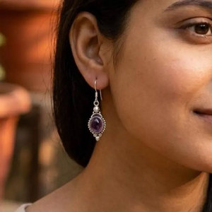 Vintage Style <b>Silver</b> Plated 925 Sterling <b>Silver</b> Oval Boho <b>Dangle</b> <b>Earrings</b> IGI Certified Bezel Set for Women Gift - Product Image 3