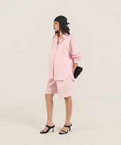 Conjunto de 2 Piezas para Mujer, Camisa de Popelina 100% Algodón, Prelavada con Enzimas, Transpirable, Largo por Encima de la Rodilla, Manga Larga, Estilo Casual, y Pantalones Cortos Bermuda - Product Image 4