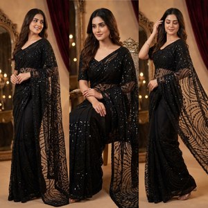 Sari traditionnel en tulle souple de créateur, orné de perles ton sur ton, bordure ajourée, avec chemisier fantaisie lourd, coupe ajustée, pour mariage, fête, toutes saisons - Product Image 5
