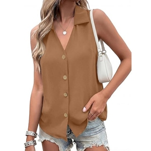 Blusa sin mangas con cuello en V y botones para mujer, estilo empresarial - Product Image 1