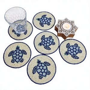 Handmade Turtle Beaded <b>Coaster</b> Round Embroidered Sea Animal <b>Drink</b> <b>Coaster</b> Coastal Table Decor - Product Image 1