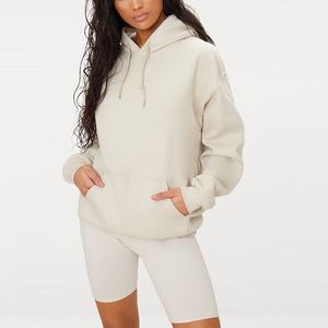 Women's Cream Hooded <b>Sweatshirt</b> With Side Pockets Full Sleeve Casual Loose Fit Solid Color Cotton Tracksuit Top Autumn Wear - Product Image 1