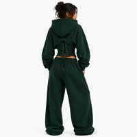 Ensemble de survêtement vert haut de gamme pour femme avec corset, sweats à capuche oversize, pantalon palazzo large en coton épais, vêtements d'hiver