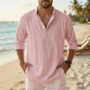 Camisa Henley de Lino de Alta Calidad para Hombre, Estilo Casual de Playa para Verano, Manga Larga - Product Image 1