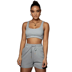 Custom Printed Knitted Women's Two-Piece Set with Embroidery Ribbed <b>Crop</b> Tank <b>Top</b> & Biker Shorts-Breathable Summer - Product Image 4