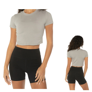 T-shirt court ajusté pour femme, manches courtes, col rond, extensible, décontracté, coupe slim, pour yoga, gym, fitness, vêtement de sport - Product Image 2