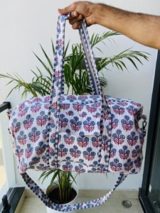 Hand-Block Printed White Floral Quilted Duffle Bag <b>Handmade</b> Cotton Luxury Sport Portable Travel Bag Indian Weekender Zipper - Product Image 1
