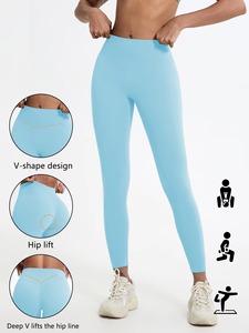 Leggings Cortos de Yoga de Cintura Alta con Forma de V, Color Sólido, Control de Abdomen, Faja Moldeadora, Transpirables, de Spandex/Nylon, Pantalones Elásticos con Cintura Elástica - Product Image 5