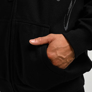 Oversized <b>Black</b> Zip Hoodie <b>Men</b> Streetwear Cotton Fleece Front Print Regular Fit Autumn Hooded Sweatshirt - Product Image 4