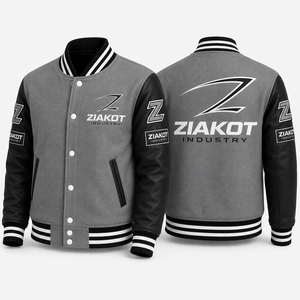 ZIAKOT Men's Gray <b>White</b> Varsity <b>Jacket</b> Regular Fit Autumn Casual Wear Button Closure Turn-down Collar Printed Logo - Product Image 3