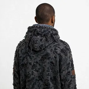 Sudadera con Capucha Personalizada, Desgastada, Rasgada, con Bolsillo de Mezclilla Lavada al Ácido, Estilo Vintage, Streetwear, Oversize, Punk, Gótico - Product Image 6