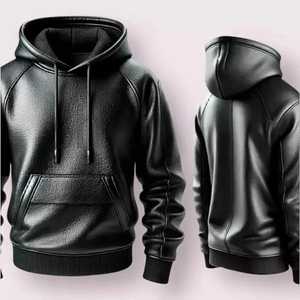 Sudadera con capucha de cuero premium negro para hombre, hecha a mano, de cuero genuino, unisex, para hombre/mujer, precio al por mayor - Product Image 3