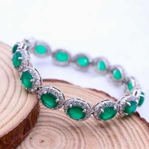 Bracelet à maillons halo en argent sterling 925 massif avec onyx vert naturel et zircone cubique, bijoux fins, Memoria Jewels - Product Image 3