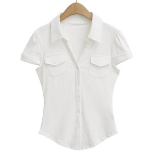 Camisa de Manga Corta para Mujer, Cuello Camisero, Color Sólido, Blusa Casual con Bolsillos, Corte Regular - Product Image 3