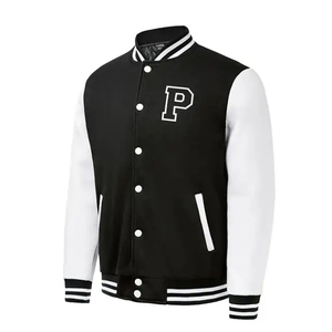 Chaqueta Varsity para Hombre en Blanco y Negro con Bloques de Color, Parche con Letra P, Botones a Presión, Estilo Deportivo - Product Image 1