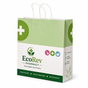 Bolsa de papel de lujo reciclable EcoRev para farmacia, papel de arte blanco, impresión offset, asas retorcidas, fuelle inferior ecológico, para medicamentos - Product Image 5