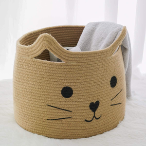 Cute <b>Cat</b> Face Cartoon Printed Cotton Barrel-Shaped Storage Basket with Two Handles Open Top Foldable Waterproof - Product Image 4