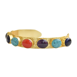 Gold Plated Geometric Cuff <b>Bracelet</b> with Natural Stone Inlay Bohemia Style Unisex Handmade Jewelry Gift Navrattan Bangle - Product Image 2
