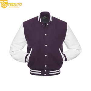 Wholesale High Quality <b>Purple</b> and White <b>Varsity</b> <b>Jacket</b> Custom Embroidery Team Letterman <b>Jacket</b> Slim Fit Baseball Coat - Product Image 1