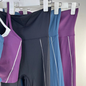Conjunto de Yoga sin Costuras de 2 Piezas, Top Corto de Cintura Alta y Pantalones Largos, Color Sólido con Tirantes en Contraste, Ropa Deportiva para Mujer - Product Image 6