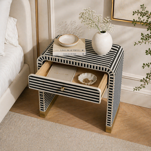 Modern Handmade Durable Bone Inlay Nightstand <b>Bedside</b> Table Black <b>White</b> Striped Side Cabinet for Apartment Farmhouse Bedroom - Product Image 4