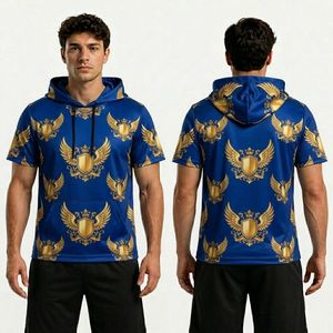 Camiseta Deportiva de Manga Corta con Capucha, Sublimada con Diseño Abstracto Azul Marino, en Poliéster con Tela Transpirable que Absorbe la Humedad - Product Image 2