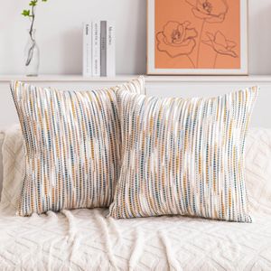 Fodere per cuscini decorativi 18x18 pollici in ciniglia a righe giallo-marrone stile Boho - Product Image 1