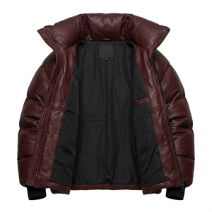 Custom Wholesale Mens Burgundy Real Leather Puffer Jacket Unisex Winter Warm <b>Bubble</b> <b>Coat</b> Manufacturer Padded Outerwear Apparel - Product Image 4