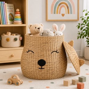 Wholesale Water Hyacinth Bear <b>Basket</b> with Lid Handmade Woven Kids <b>Toy</b> <b>Storage</b> <b>Basket</b> Nursery Organizer Home Decor OEM - Product Image 1