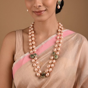 Luxury 2 Layer <b>Pink</b> Pearl Beaded <b>Necklace</b> Set Gold Plated Antique Floral Green Stone Statement Jewelry with Matching Earrings - Product Image 5