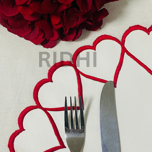 Luxury Red & White Embroidered Linen Placemats Heart Design Reusable Table <b>Mats</b> for Hotels Weddings & Restaurant Bulk Supply - Product Image 2