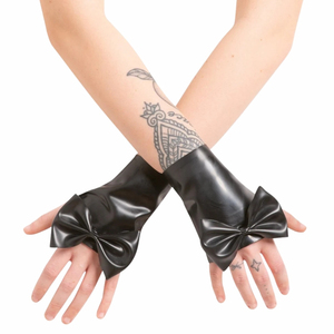 ถุงมือข้อมือ PU สีดำพร้อมดีไซน์โบว์สไตล์พังก์สำหรับใส่ไปงานปาร์ตี้ - Product Image 1