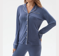 Ensemble de pyjama en modal pour femmes, 160 g/m², haut à manches longues boutonné et pantalon droit, vêtements de nuit avec passepoil blanc