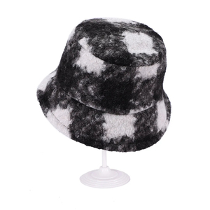 Faux Fur Checkered <b>Bucket</b> <b>Hat</b> Unisex Winter Casual Adult Style - Product Image 1