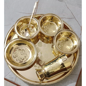 Handcrafted Indian Traditional Brass Thali <b>Set</b> <b>6</b> Piece Gold Polished <b>Dinnerware</b> <b>For</b> Weddings Home Decor And Festive Gifting - Product Image 1