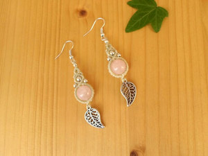 Handmade Rose Quartz Macrame Dangle Earrings Pink Gemstone Gold <b>Leaf</b> Boho Bohemian Handcrafted Artisan Jewelry - Product Image 4