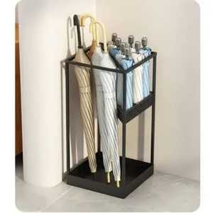 <b>Square</b> Black Metal Umbrella Stand With Hooks Multi Functional Umbrella Holder Walking Stick Rack Entryway Storage Organizer - Product Image 1