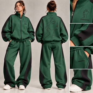 <b>Women's</b> Dark Green <b>White</b> Zip Hoodie Tracksuit Set Color Block Panel Design Oversized <b>Jogger</b> Pants Streetwear - Product Image 3
