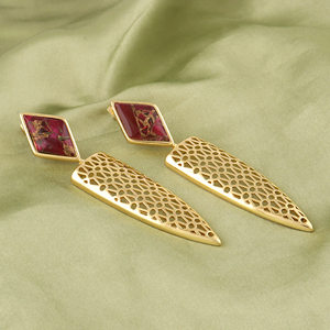 Pendientes de diseño Mohave de cobre turquesa, latón macizo chapado en oro de 18k, estilo geométrico, forma de cometa, con gemas colgantes para mujer. - Product Image 2