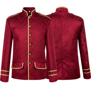 Blazer Victoriano Rojo para Hombre, Brocado Floral, Adorno Trenzado Dorado, Cuello Alto, Chaqueta Gótica Steampunk, Bolsillos con Solapa, para Fiesta - Product Image 1