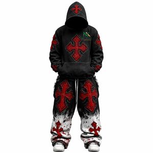 Conjunto de Pantalones Holgados Transpirables con Capucha y Estampado de Cruz Gótica para Hombre, 2 Piezas, Ropa Deportiva de Invierno, Estilo Hip Hop - Product Image 2