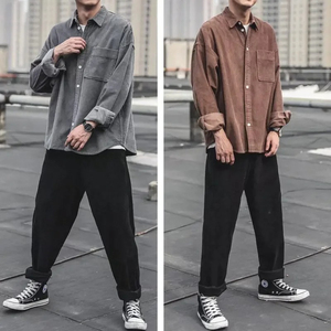 Men's Oversized Corduroy Casual Shirt Solid Color Long Sleeve Turn-<b>down</b> Collar 100% Cotton Washed Anti-Wrinkle Autumn Style - Product Image 2