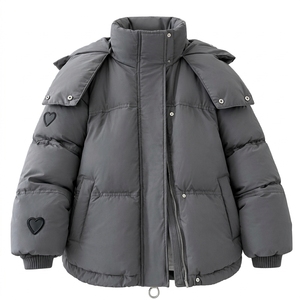 Abrigo de plumón con capucha para mujer, con parches de corazones, cuello alto, cierre de cremallera, grueso, cálido para invierno, ropa exterior informal - Product Image 3