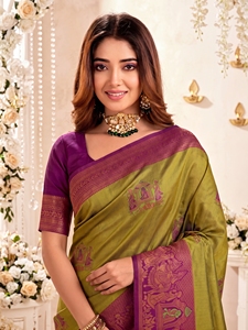 AARA Fashion Green and <b>Purple</b> Silk <b>Saree</b> with Zari Border Traditional Wedding Wear for Women Sun Protection All Seasons - Product Image 5