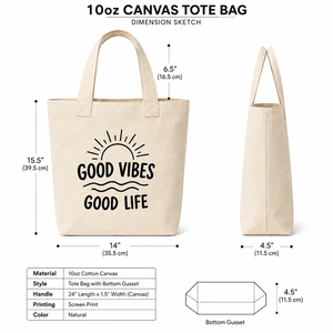 กระเป๋าผ้าแคนวาส Good Vibes Good Life สีเบจ หูหิ้วด้านบน ปิดแบบปรับแต่งได้ พับเก็บได้ ลายพิมพ์ดวงอาทิตย์และคลื่น สำหรับช้อปปิ้งและเดินทาง - Product Image 2