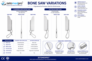 Scie à amputer CHARRIERE et scie à os SATTERLEE, ensemble d'instruments manuels, lames chromées 8 po/20,3 cm et 11,5 po/29,2 cm Zetomed Pro - Product Image 3