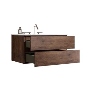 Mobile bagno sospeso TIA da 36 pollici in noce con ampio spazio contenitivo, lavabo in ceramica e design per tre fori per rubinetti - Product Image 2