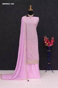 Traje Salwar Semisellado de Georgette de Seda Sintética de Alta Calidad con Bordado de Hilo-Zari y Lentejuelas de 3mm - Proveedor Mundial - Product Image 5